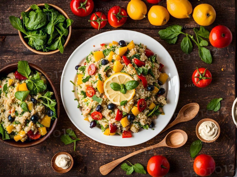Quinoa salad abounding with colorful vegetables and lemon tahini dressing, AI generated