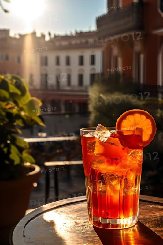Aperol spritz radiating bright and bubbly charm glass positioned on a sunlit terrace table, AI generated