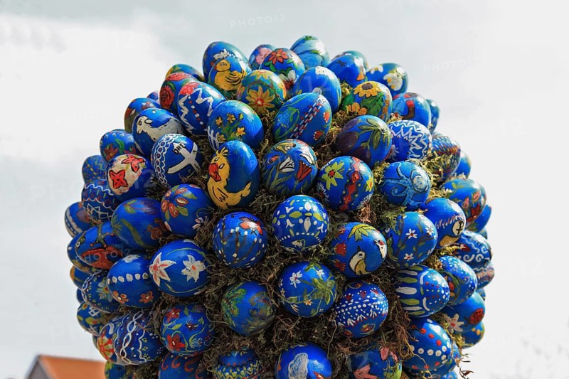 Detail of an Easter fountain in Franconian Switzerland, Bamberg district, Upper Franconia, Germany, many colourful blown-out and dyed eggs as decoration, Easter custom, Europe