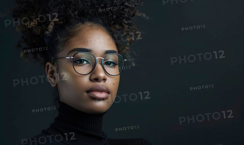 Portrait of a confident young adult wearing glasses and a black turtleneck AI generated