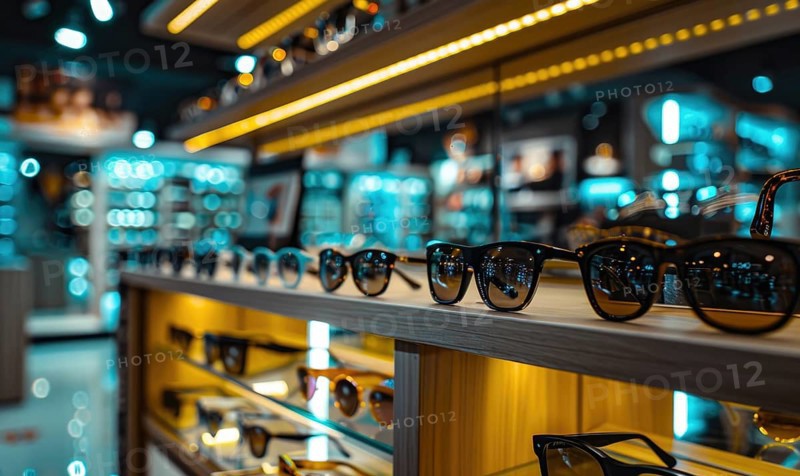 A selection of eyeglasses on shelves with warm lighting in an optical shop AI generated