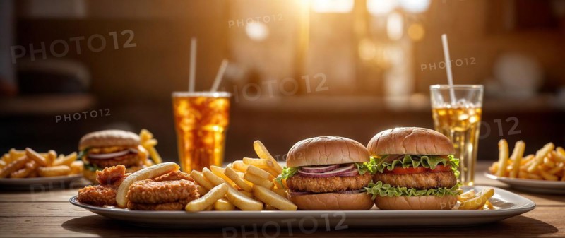 An array of delicious burgers, fries, chicken, beer, and soda on a wooden counter, wide horizontal aspect ratio, blurred sunny background with bokeh effect, AI generated