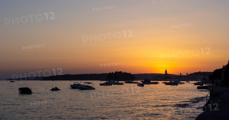 Sunset, boats anchoring in a bay near Rab, panoramic view, town of Rab, island of Rab, Kvarner Gulf Bay, Croatia, Europe