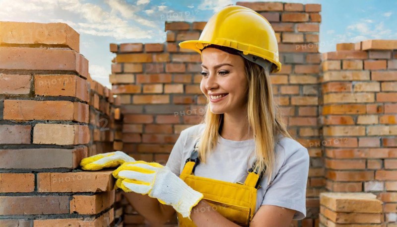 AI generated, A female bricklayer inspects a brick wall, 30, 35, years
