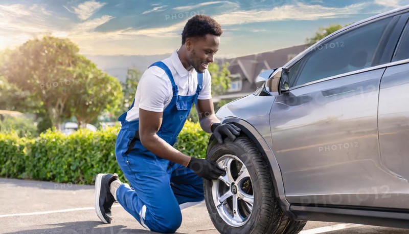 AI generated, A mechanic changes the tyres on a customer's car, tyre fitting, silver car