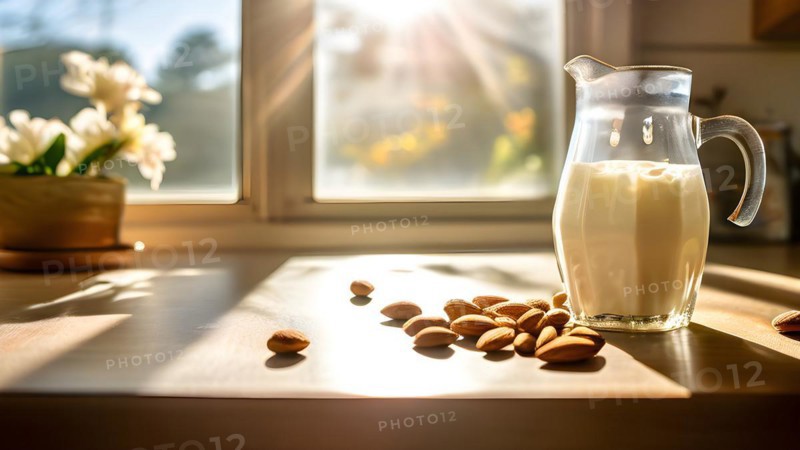 Glass of homemade almond milk mid pour scattered almonds on kitchen counter, AI generated