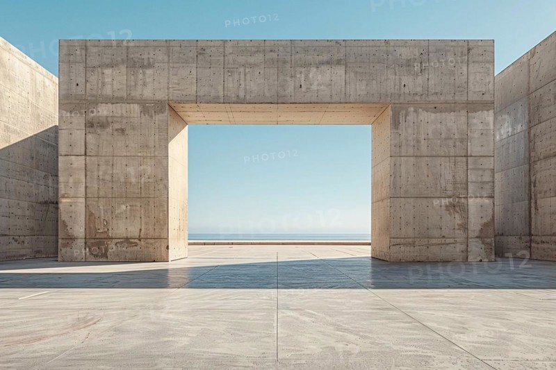 Expansive concrete structure with a central opening framing the horizon line under a blue sky, AI generated