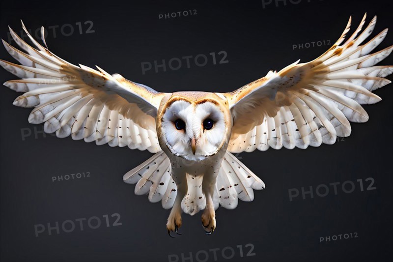 Barn owl in flight embodies mysterious and ghostly beauty, isolated in front of black background, AI generated