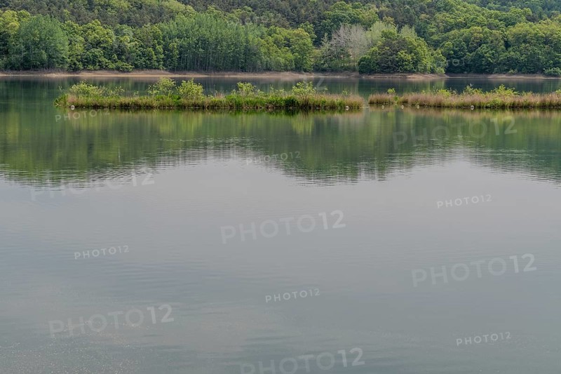 Serene lake with a reflection of the sky and greenery on a cloudy day, in South Korea