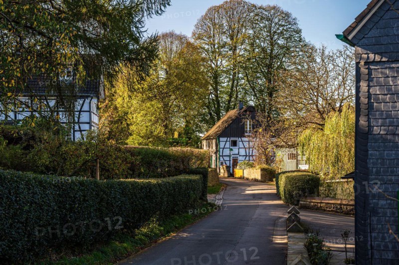 A quiet village street with traditional half-timbered houses on a sunny spring day, Schee, Gennebreck, Sprockhoevel, North Rhine-Westphalia
