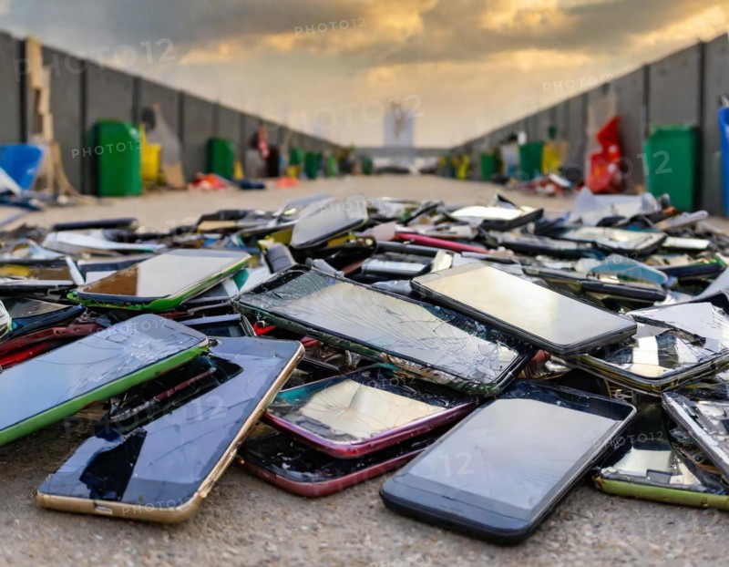 Numerous damaged smartphones lying on the ground, a recycling centre scene in the background, AI generated, AI generated
