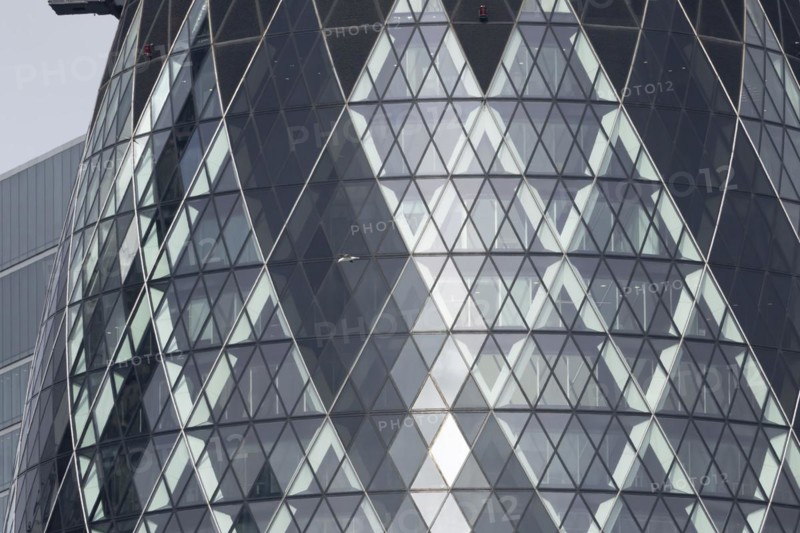 The Gherkin skyscraper building close up of window details with a Herring gull (Larus argentatus) bird flying past, City of London, England, United Kingdom, Europe