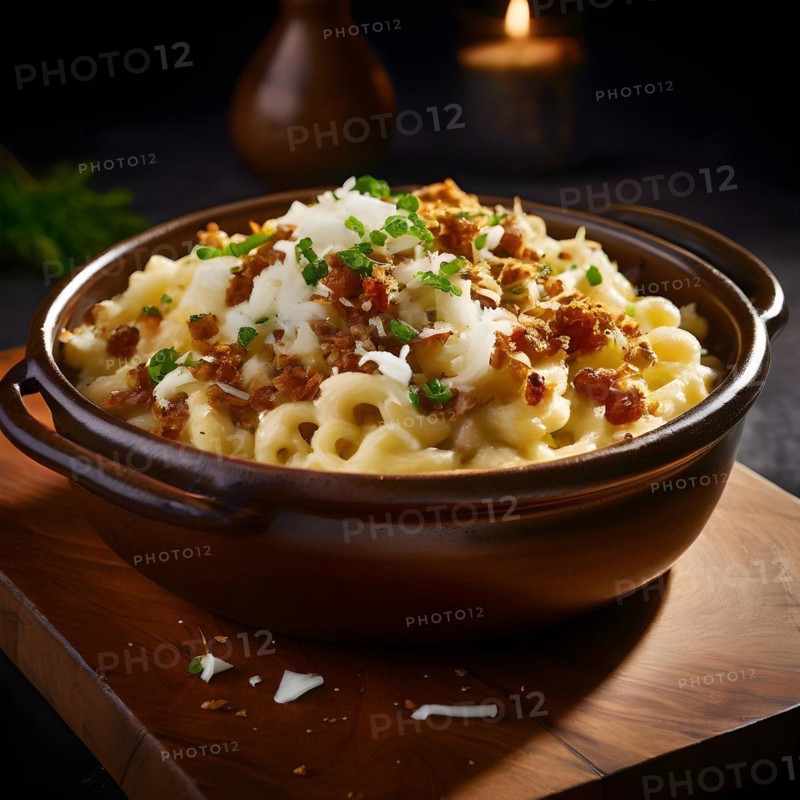 Spaetzle in a velvety cheese sauce with crispy fried onions, AI produced, AI generated