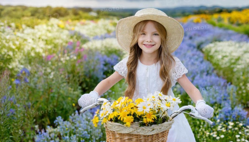 KI generated, A blonde girl rides her bike and enjoys the summer in a meadow with many flowers, Bicycle basket with flowers