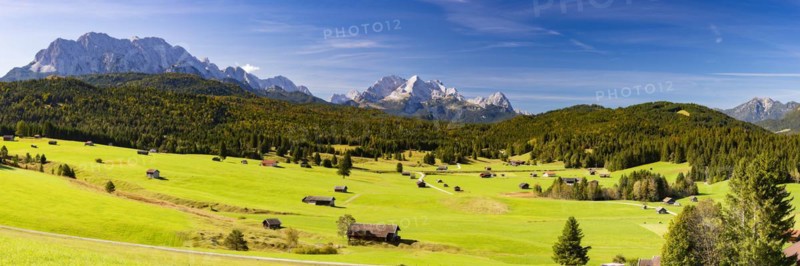 Humpback meadows between Mittenwald and Kruen, Werdenfelser Land, behind it the Zugspitze, 2962m, Wetterstein Mountains, Upper Bavaria, Bavaria