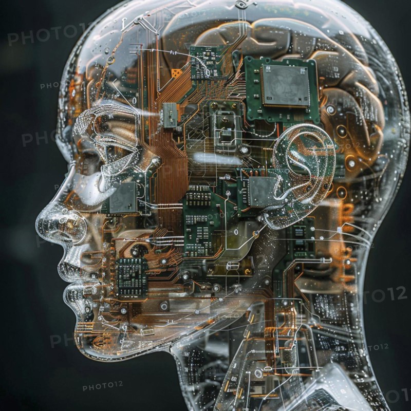 Medical a human head with brain and computer chip, symbol image KI in the human brain, ai generated, AI generated
