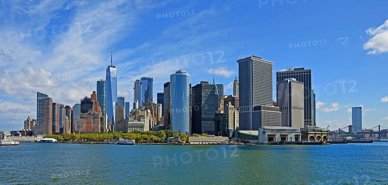 Skyline with skyscrapers in the Financial District, Battery Park in the foreground, One World Trade Centre or Freedom Tower, Hudson River, Lower Manhattan, New York City, New York, USA, North America