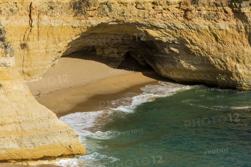 Beach section with rocky coast at the Algarve, summer holiday, weather, sunny, Atlantic, panorama, summer holiday, travel, holiday, tourism, nature, rocky, beach, bathing holiday, empty, nobody, landscape, coastal landscape, rocks, cliffs, bay, sea bay, sea, Carvoeiro, Portugal, Europe