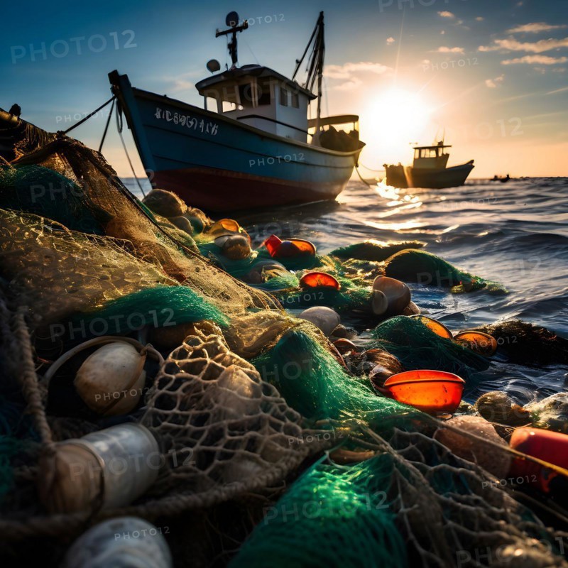 Fishermans net teeming with plastic debris overshadowing the sparse catch of fish, AI generated