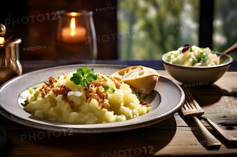 Rustic table with Maultaschen, garnished with crispy onions and a potato salad, AI generated, AI generated