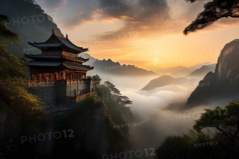 Shaolin temple embraced by the warm glow of sunset, AI generated