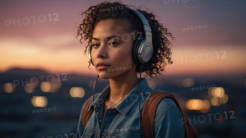 Contemplative Mixed-race curly woman in a denim jacket with headphones during evening in the city, bokeh blurred background, horizontal aspect ratio, AI generated