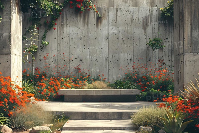 Tranquil urban garden with concrete elements and vibrant flowers, AI generated