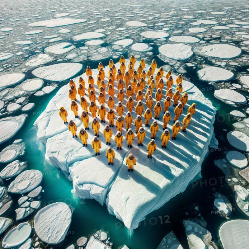 Aerial view of group people wearing yellow winter garment standing on a large block of ice in the middle of the ocean. AI generated