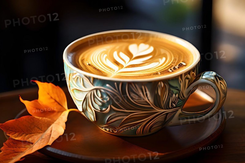 Ceramic cup cradling a latte art masterpiece leaf patterns intertwining in crema, AI generated