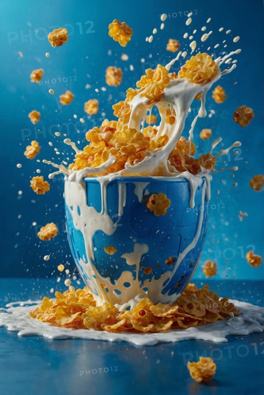 Dynamic milk and cereal splash over a blue bowl on a blue backdrop, AI generated