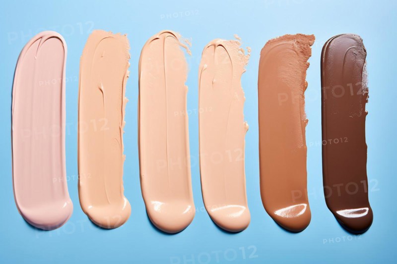 Different makeup foundation swatches for caucasian and black skin tones on blue background. KI generiert, generiert AI generated