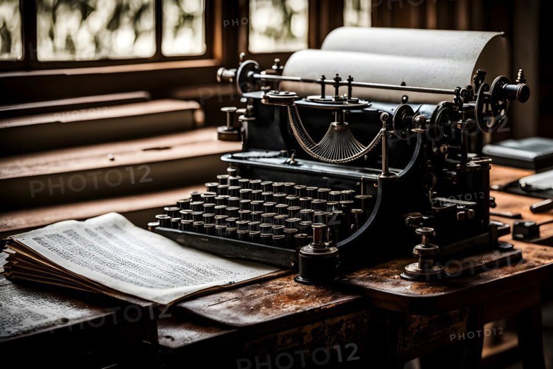 Antique typewriter with peeling paint and rust, AI generated