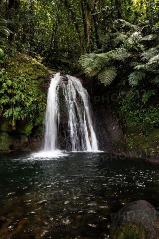 Pure nature, a waterfall with a pool in the forest. The Ecrevisses waterfalls, Cascade aux ecrevisses on Guadeloupe, in the Caribbean. French Antilles, France, Europe