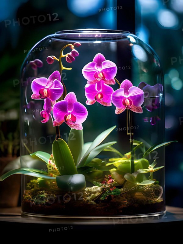 Orchids flourish inside a sophisticated glass terrarium their delicate structure, AI generated