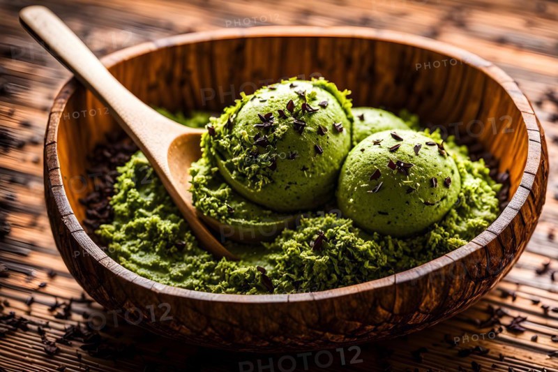 Matcha green tea ice cream nestled in a textured coconut bowl speckled with dark chocolate shavings, AI generated