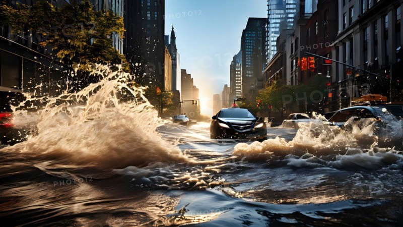 Dynamic rush of water as it inundates an urban street partially, AI generated
