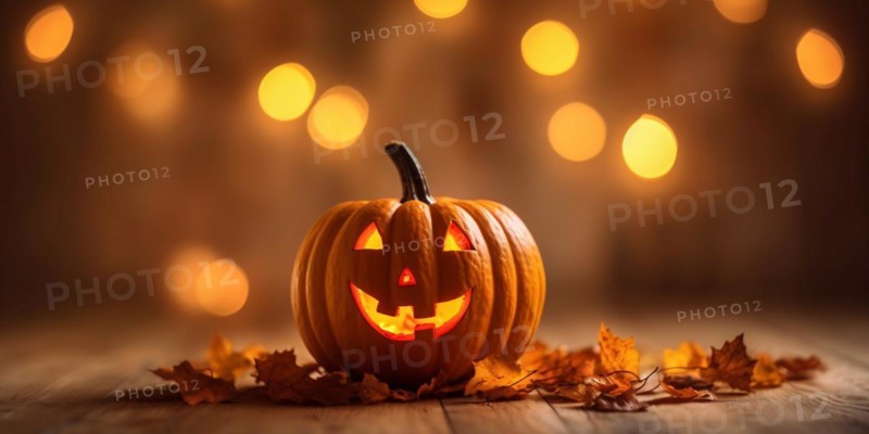 Carved Halloween pumpkin with orange autumn leaves and bokeh lights in background. KI generiert, generiert AI generated