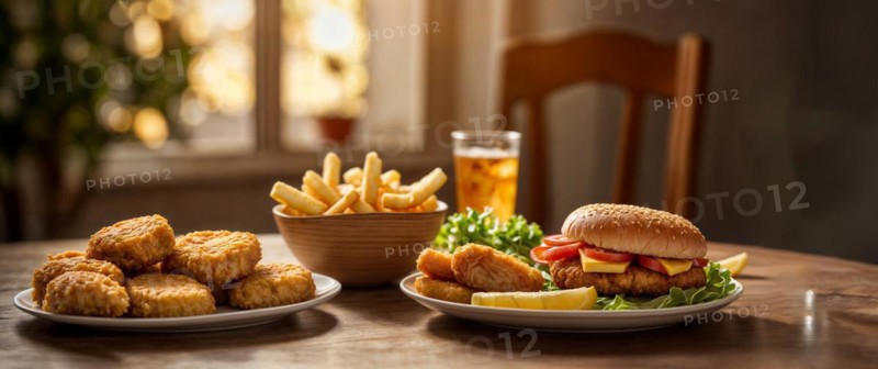 A fast-food dinner at home with a burger, fries, chicken nuggets and a soda, wide horizontal aspect ratio, blurred sunny background with bokeh effec AI generated