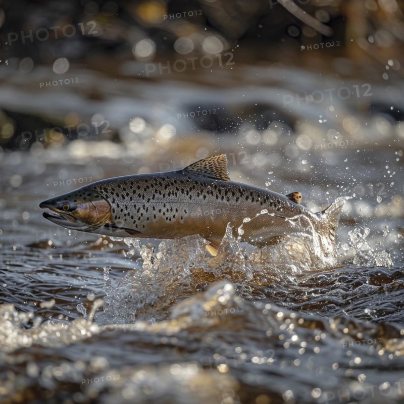 Salmon (Salmo salar) on the migration and swim up a stream in shallow, clear water, ai generiert, AI generated