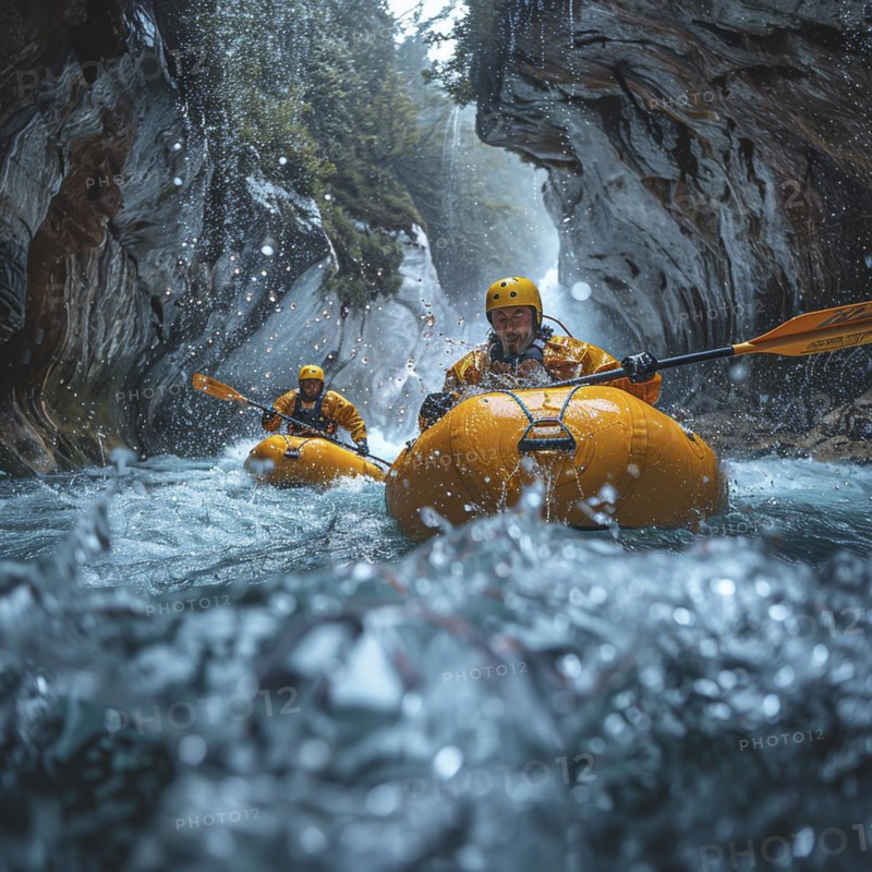 Whitewater riders ride boats through rapids, AI generated