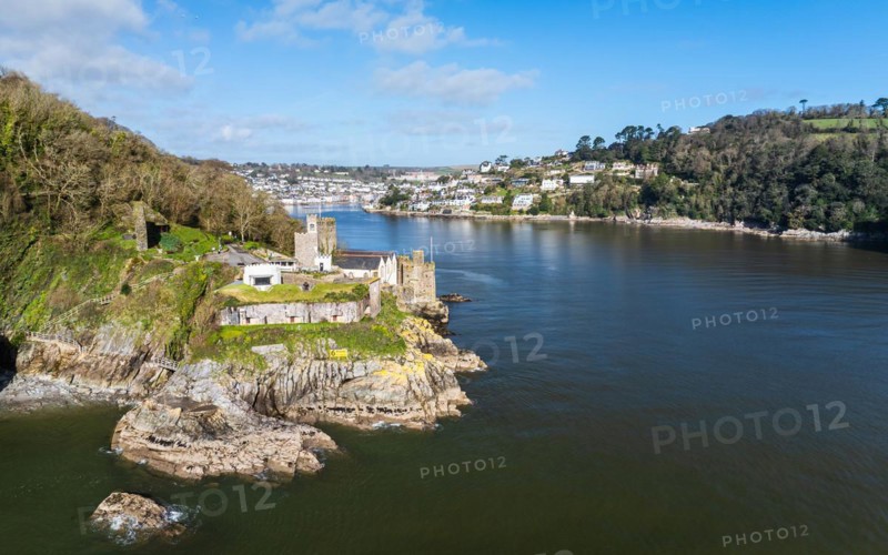 Dartmouth Castle over River Dart from a drone, Dartmouth, Kingswear, Devon, England, United Kingdom, Europe