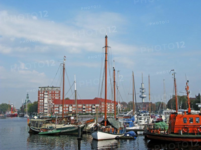 Boats, ships, town hall, Emden harbour, East Frisia, Germany, Europe