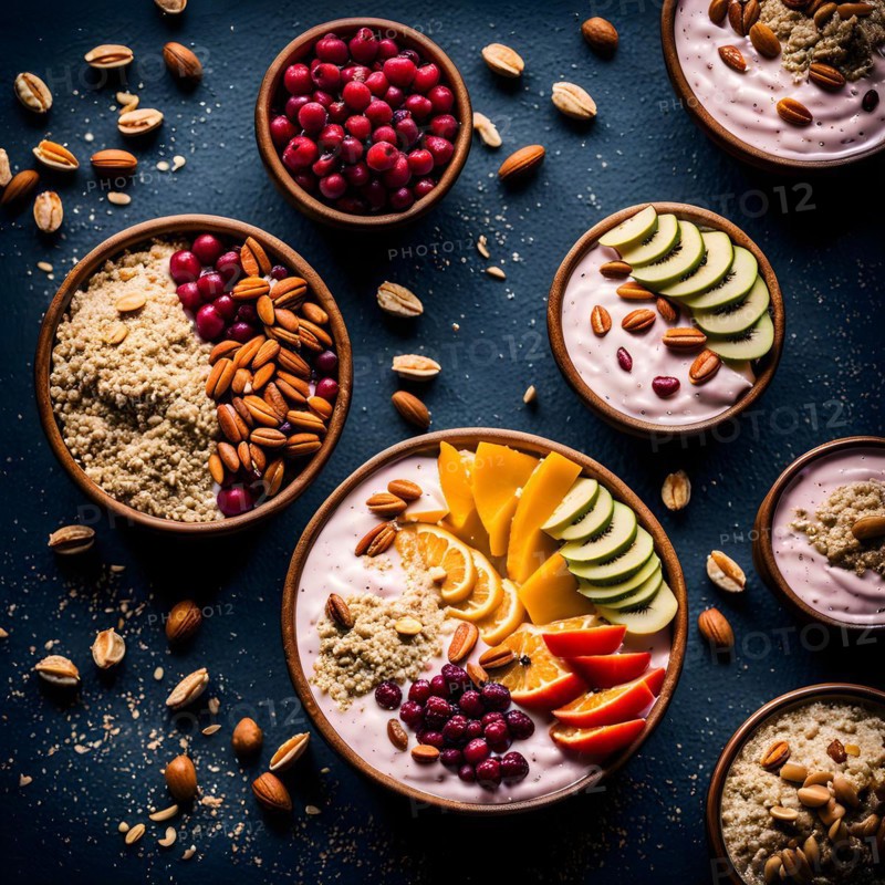 Smoothie bowls garnished with vibrant fresh fruits and an assortment of nuts, AI generated