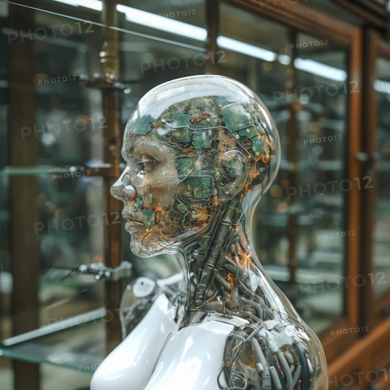 Medical a human head with brain and computer chip, symbol image KI in the human brain, ai generated, AI generated