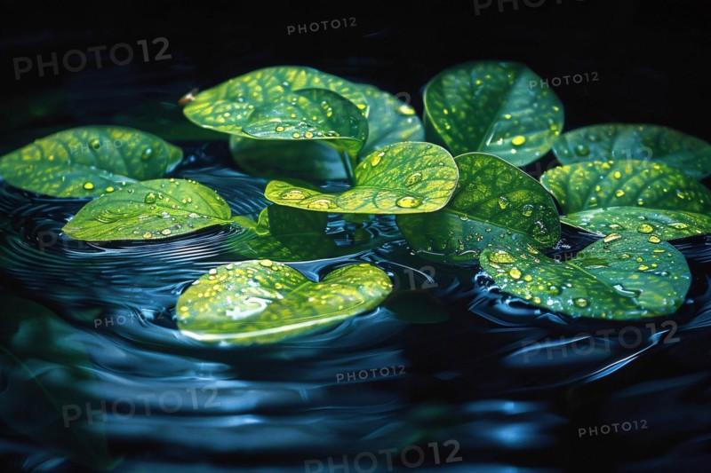 Green water lilies with raindrops float on tranquil dark waters, AI generated