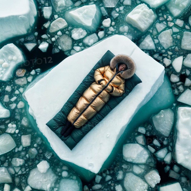 Woman in yellow golden puffer jacket lies on a block of ice alone in the middle of the ocean sea. Environmental issue, climate change agenda, AI generated