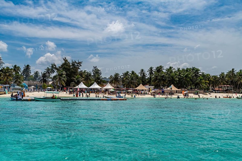 Palm fringed white sand beach, Agatti Island, Lakshadweep archipelago, Union territory of India