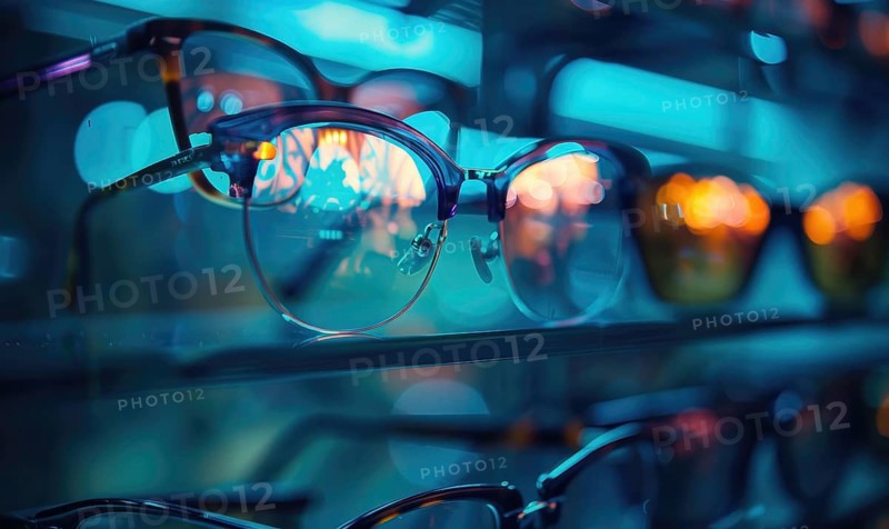 Close-up of eyeglasses with a reflective blue hue in an optical store AI generated