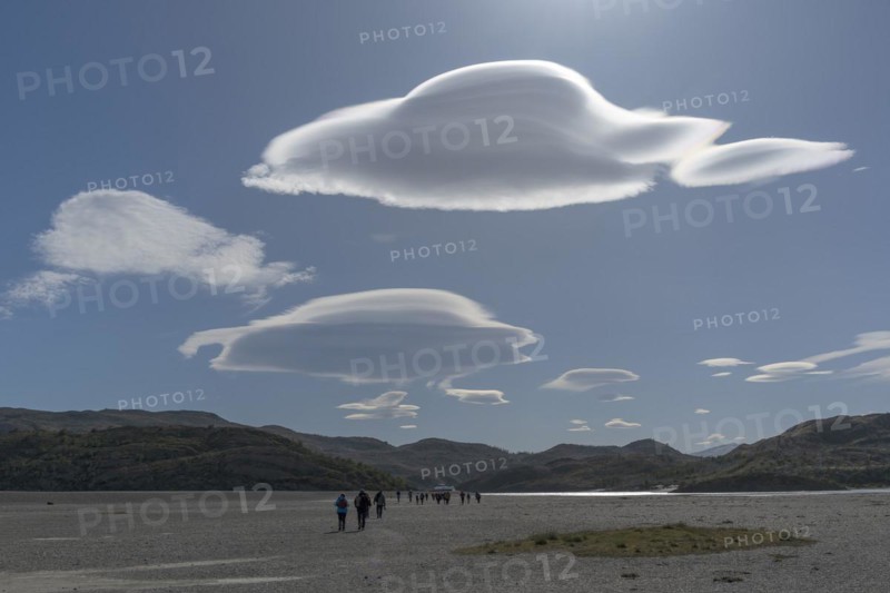 Shore area and cloud formation, Lago Grey, Torres del Paine National Park, Parque Nacional Torres del Paine, Cordillera del Paine, Towers of the Blue Sky, Region de Magallanes y de la Antartica Chilena, Ultima Esperanza Province, UNESCO Biosphere Reserve, Patagonia, End of the World, Chile, South America