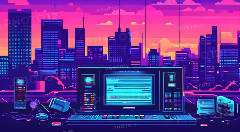 Website header blending retro pixel style elements and modern graphics pixelated icons, AI generated